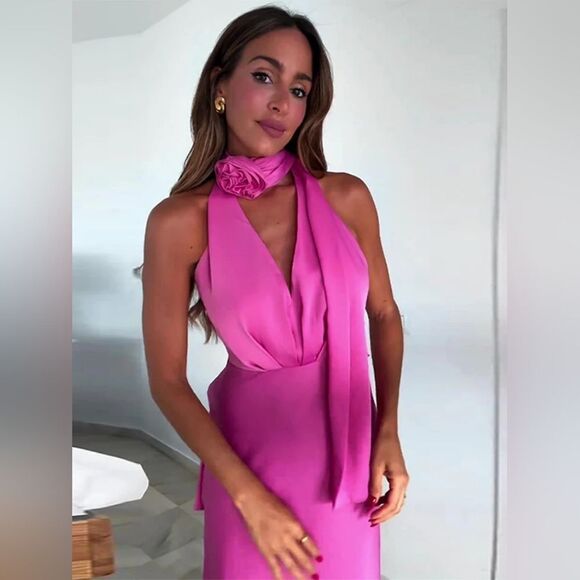 NWT ZARA FLORAL SATIN EFFECT MIDI DRESS pink - Picture 10 of 17